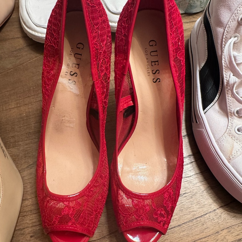 Guess Vibrant Red Lace Peep Toe Heels